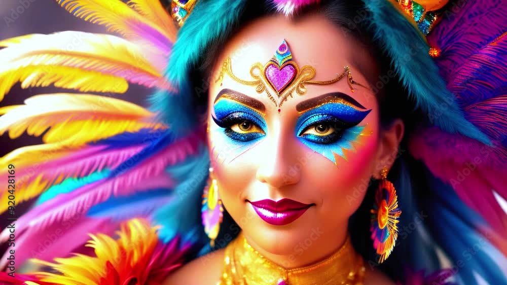 Festival Face Art Blue Hair Carnival Costume Creative Makeup Artistic Feather Earrings Colorful Fantasy Look Bright Eyes Stunning Beauty Dreamlike Mask Expressive Look Festival Face Art Blue Hair Carnival Costume Creative Makeup Artistic Feather Earrings Colorful Fantasy Look Bright Eyes Stunning Beauty Dreamlike Mask Expressive Look