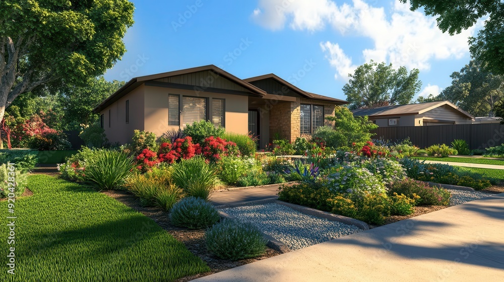 A house with a beautiful front yard landscape settings A house with a beautiful front yard landscape settings