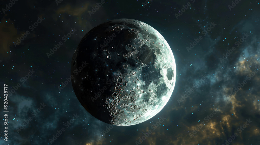 Obraz premium Spectacular Lunar Eclipse. astronomical phenomenon. Moon with shadow in outer space illustration. Moon eclipse