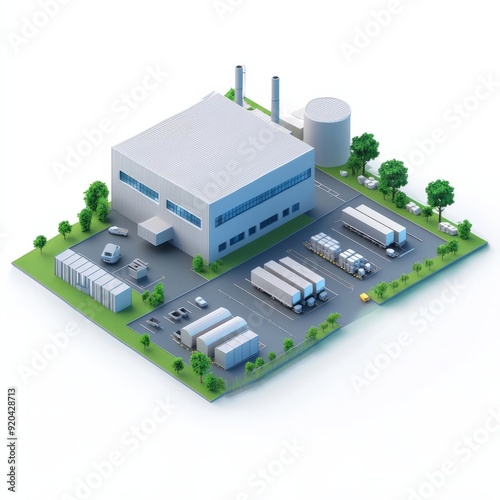 3D Render of a factory with a large central building and smaller attached units for different purposes