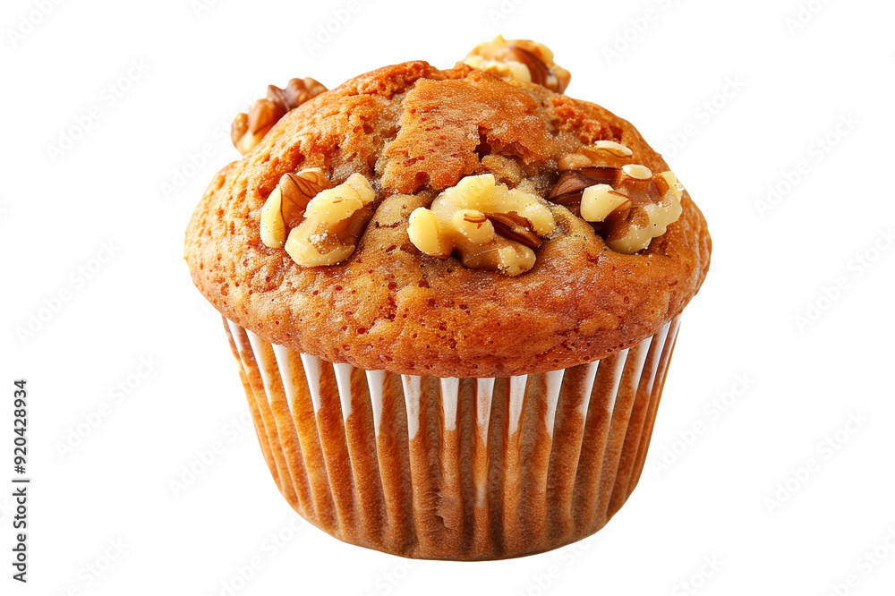 Walnut muffin or banana nut cupcake topped with crunchy nuts pieces isolated on white transparent background Walnut muffin or banana nut cupcake topped with crunchy nuts pieces isolated on white transparent background
