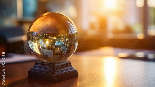 Crystal Ball on Wooden Stand Reflecting Modern Office Space with Sunlight