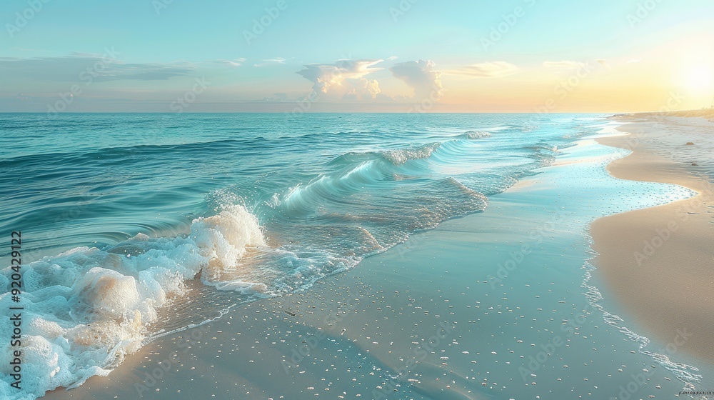 Gentle waves lapping at the shore during sunset at a tranquil beach Gentle waves lapping at the shore during sunset at a tranquil beach