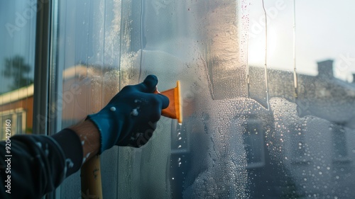worker use scaraper cleaning window before installing tinting window film.