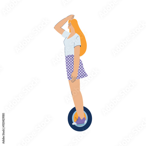 Electric Transport with Woman Character Ride Unicycle Vector Illustration