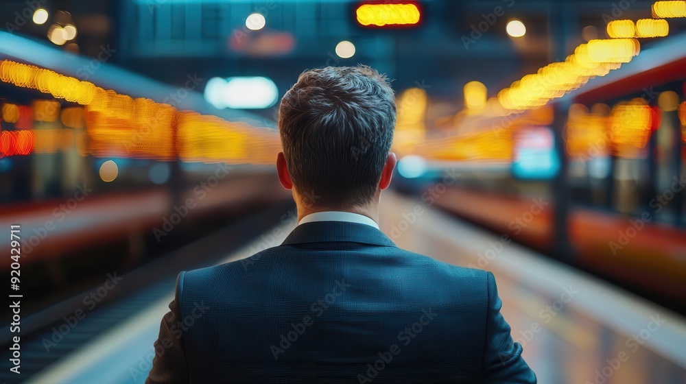 A businessman stands at a train station, waiting for his train amidst a vibrant atmosphere of glowing lights and motion. A businessman stands at a train station, waiting for his train amidst a vibrant atmosphere of glowing lights and motion.