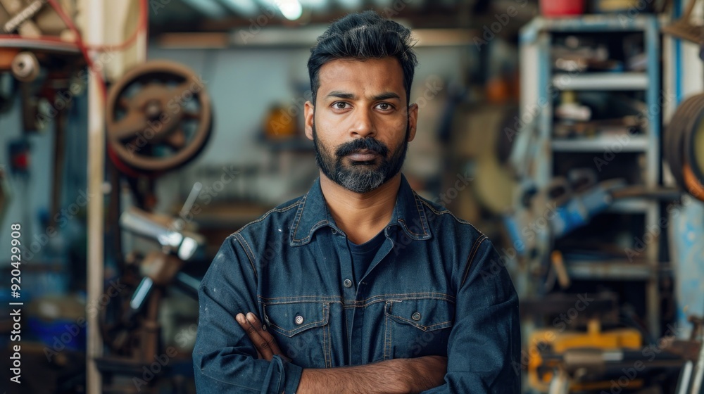 Indian mechanic wearing a uniform in a garage