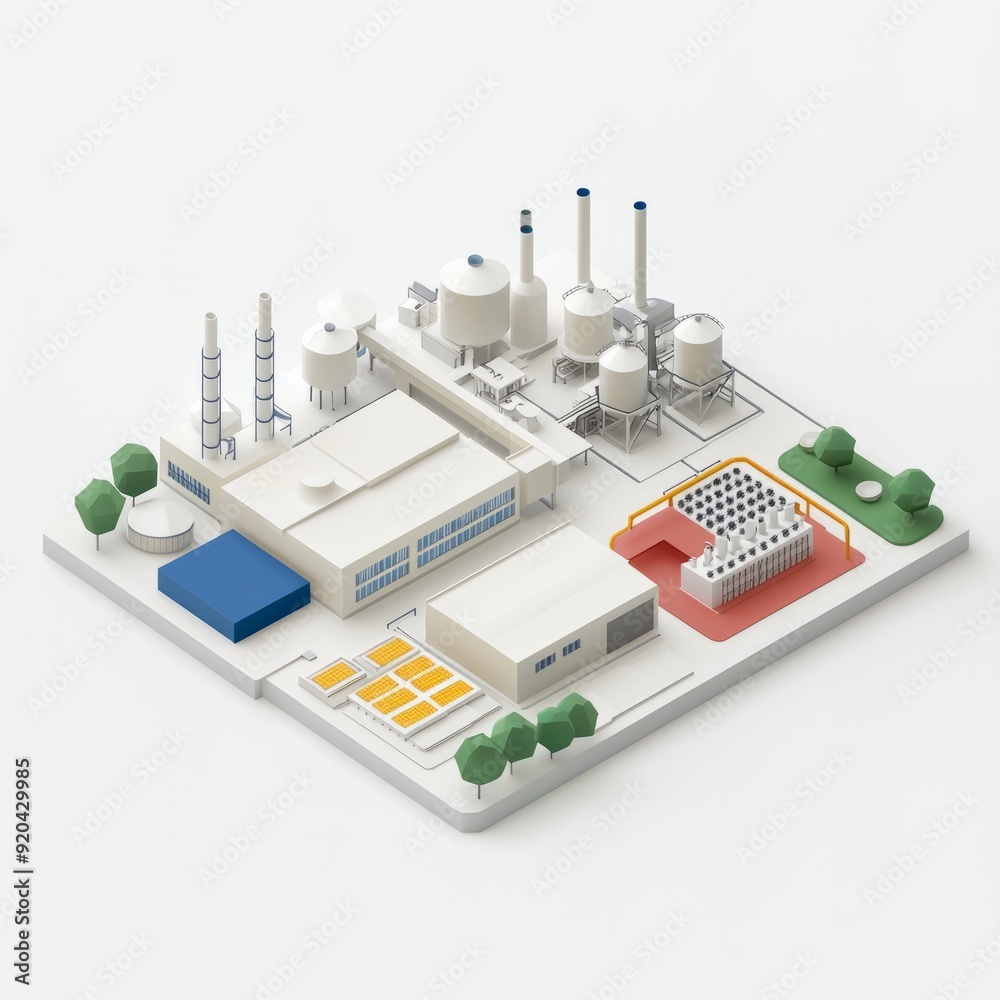 3D Render of a factory with a simple design and clear sections for different manufacturing tasks 3D Render of a factory with a simple design and clear sections for different manufacturing tasks