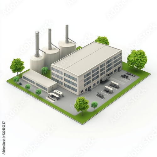 3D Render of a factory with a single large building and an attached smaller office