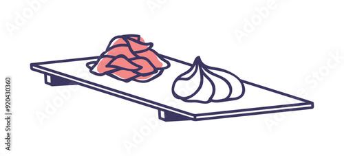 Ginger slices and wasabi paste, traditional Asian Japan food garnishes. Japanese cuisine condiments. Spicy pungent ingredients on tray. Outlined vector illustration isolated on white background