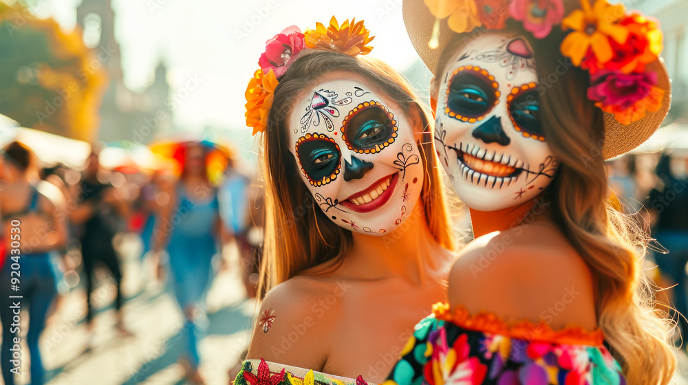Dia de los muertos. Two Beautiful young women with sugar skull makeup and floral wreath outdoors celebrating Day of The Dead. Calavera Catrina. Halloween. Happy tourist in Mexica at carnival Dia de los muertos. Two Beautiful young women with sugar skull makeup and floral wreath outdoors celebrating Day of The Dead. Calavera Catrina. Halloween. Happy tourist in Mexica at carnival