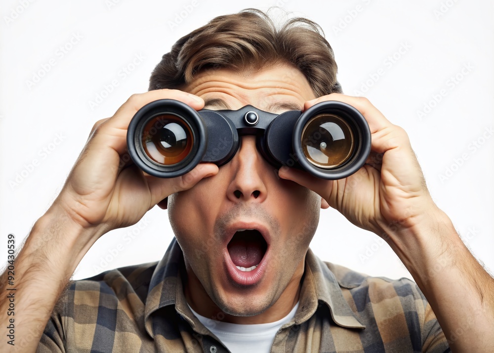 Isolated portrait of a shocked male observer holding binoculars, eyes wide with astonishment, as if discovering something unexpected in the distance. Isolated portrait of a shocked male observer holding binoculars, eyes wide with astonishment, as if discovering something unexpected in the distance.