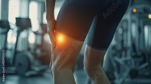 240805 43. Close-up of person clutching painful hip in modern gym setting. Inflamed hip bursa due to repetitive strain injury and excessive stationary bike use. Anatomical visualization on white
