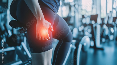 240805 43. Close-up of person clutching painful hip in modern gym setting. Inflamed hip bursa due to repetitive strain injury and excessive stationary bike use. Anatomical visualization on white