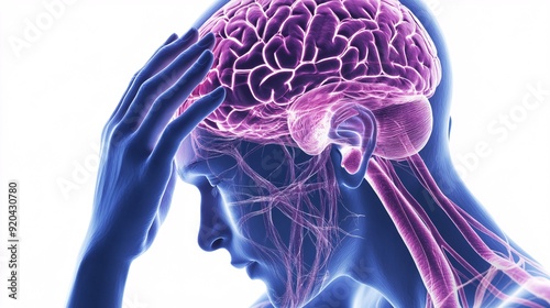 240805 53. Close-up of person clutching painful head in modern office setting. Inflamed cranial nerves due to repetitive strain and excessive computer monitor use. Anatomical visualization on white