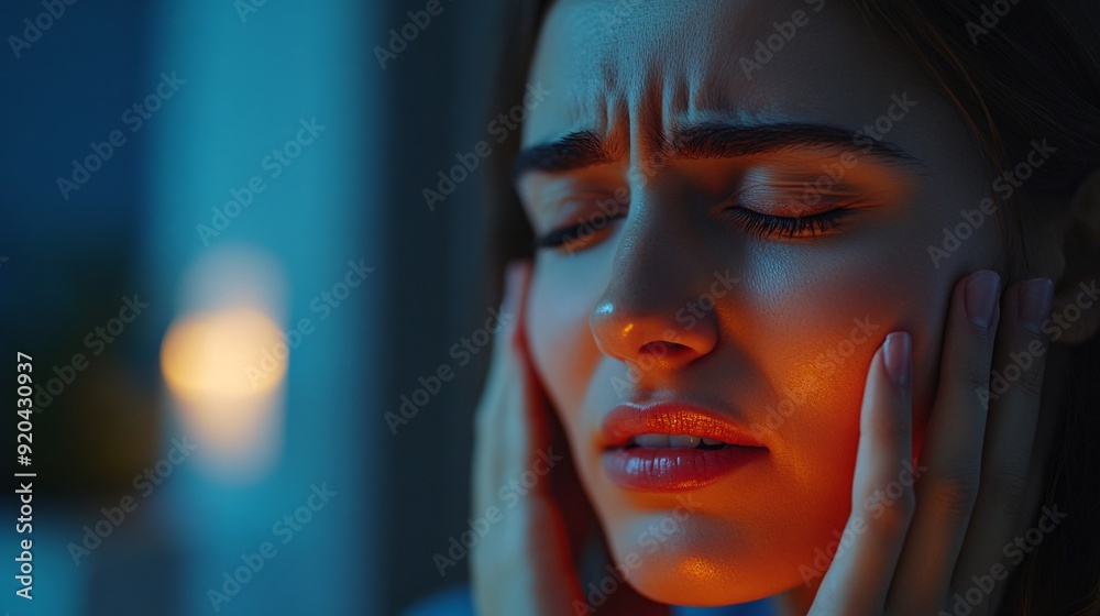240805 60. Detailed view of face with highlighted jaw pain in cozy home environment. Temporomandibular joint muscle tension from chronic jaw clenching and extensive nighttime teeth grinding habits. 240805 60. Detailed view of face with highlighted jaw pain in cozy home environment. Temporomandibular joint muscle tension from chronic jaw clenching and extensive nighttime teeth grinding habits.
