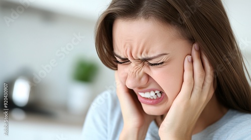 240805 59. Side view of individual grimacing with jaw pain in kitchen. Temporomandibular joint misalignment resulting from TMJ disorder and continuous unconscious teeth grinding. Medical educational