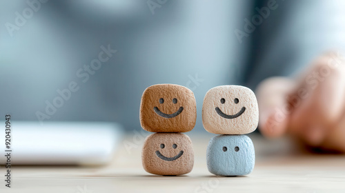 Colorful wooden blocks with smiley faces, representing happiness and positivity in a workspace setting.