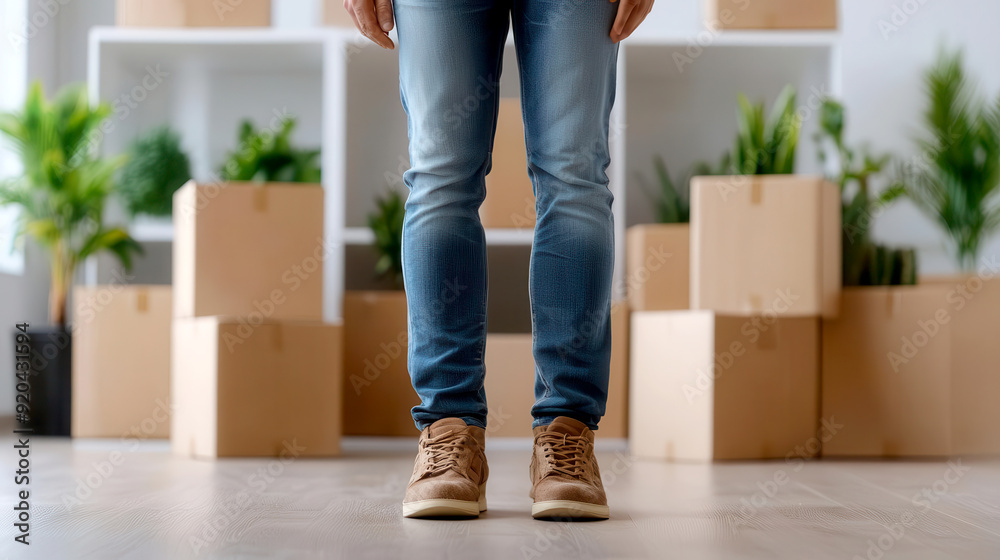 Person standing in a room surrounded by moving boxes and plants, showcasing casual footwear and denim style. Person standing in a room surrounded by moving boxes and plants, showcasing casual footwear and denim style.