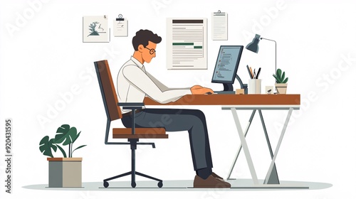 240805 87. A man experiencing discomfort at thigh in corporate workspace. Quadriceps tendon irritation caused by prolonged inactivity and extended periods of desk-bound work. Medical illustration on photo