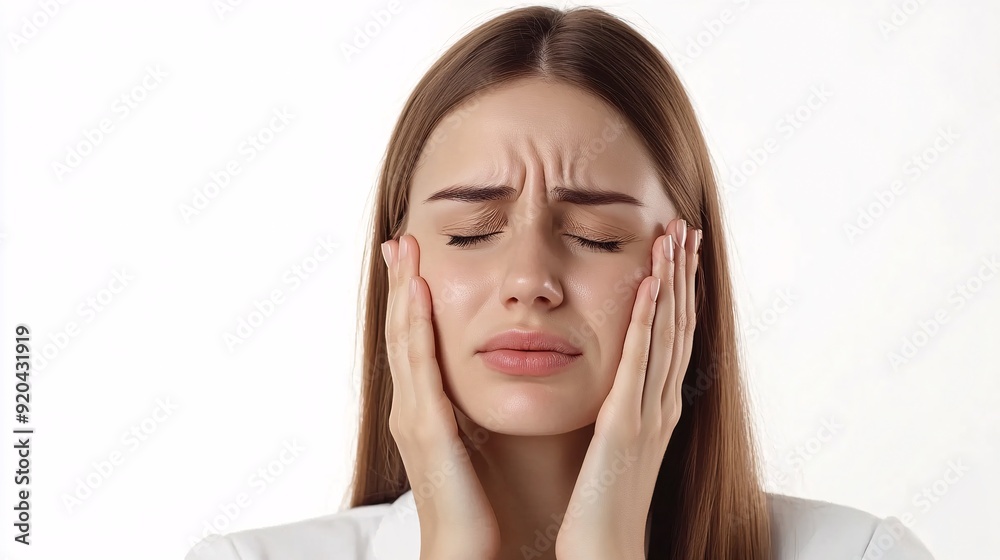240805 101. A woman having face pain at office. Facial muscles weakness due to bell's palsy and stress longtime. Health and medical concept isolated on white background,png 240805 101. A woman having face pain at office. Facial muscles weakness due to bell's palsy and stress longtime. Health and medical concept isolated on white background,png