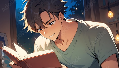 Happy Boy Reading a Book in Japanese Anime or Manga Style - Teenager Enjoying a Novel with Lights and Shadows, Handsome Guy.