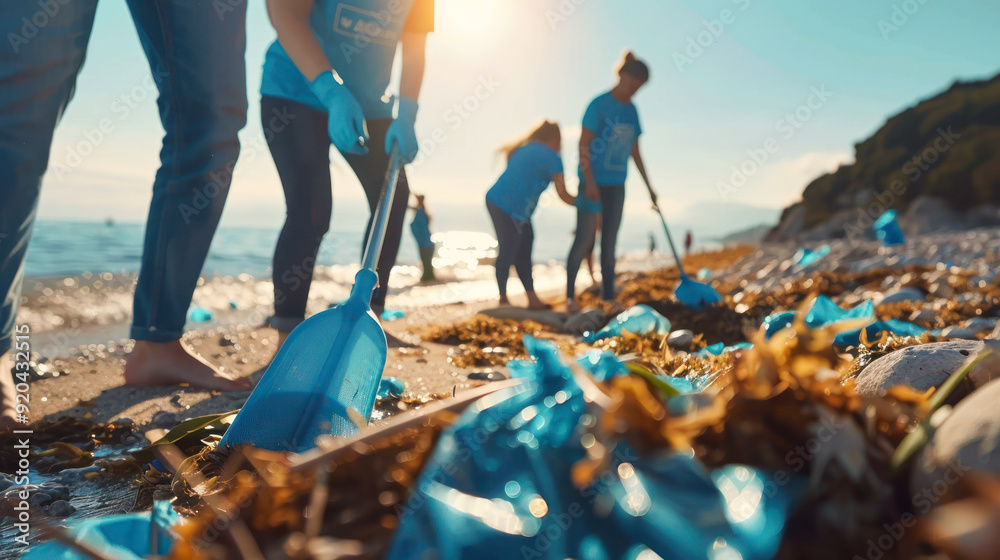 Group Teamwork Volunteer Pick Up The Plastic Bottle On The Beach