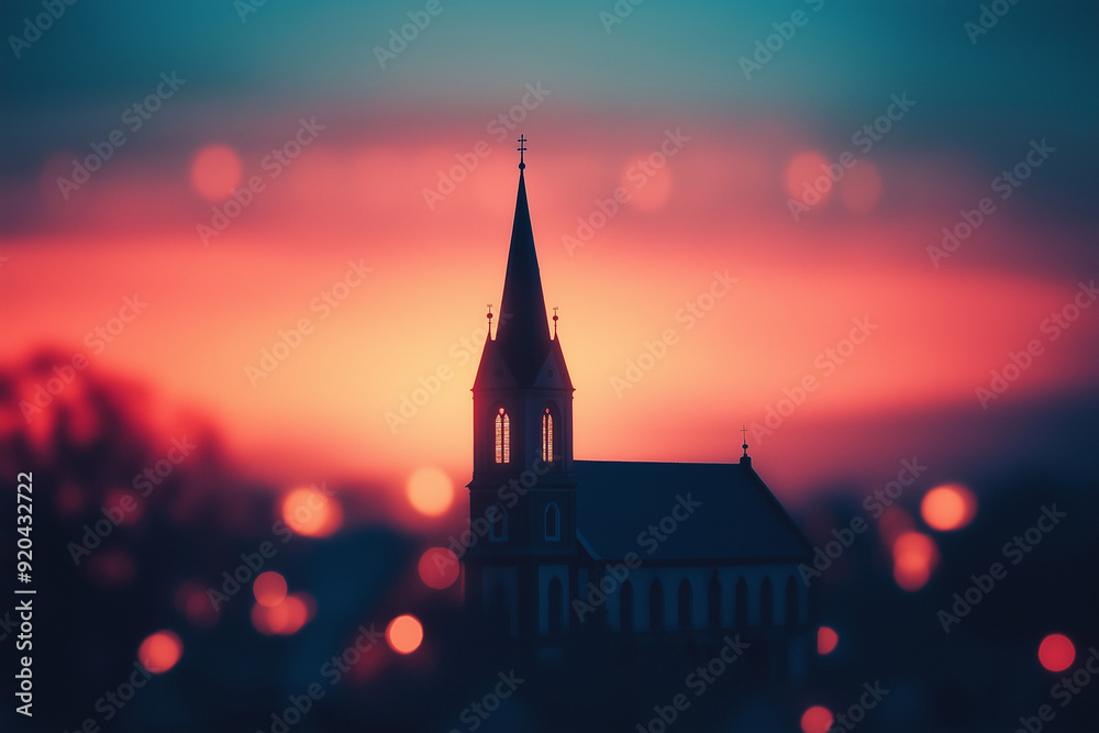 Naklejka premium Blur church in the sunset background, abstract background religion church.