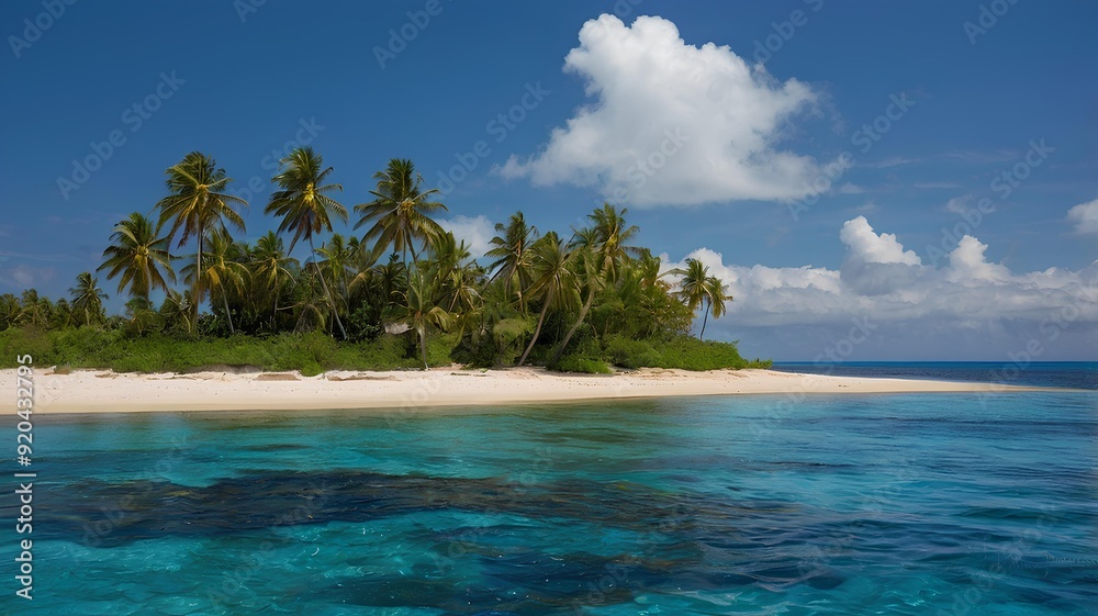 An isolated island with tall palm trees, fine golden sand, and the deep blue ocean stretching into the horizon, with space for text. An isolated island with tall palm trees, fine golden sand, and the deep blue ocean stretching into the horizon, with space for text.