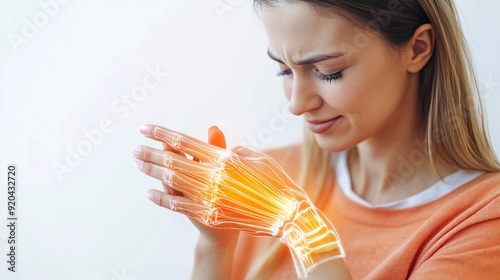 240805 140. a woman having thumb pain at office. metacarpal due to de quervain's tenosynovitis and texting longtime. Health and medical concept isolated on white background,png with woman receiving photo