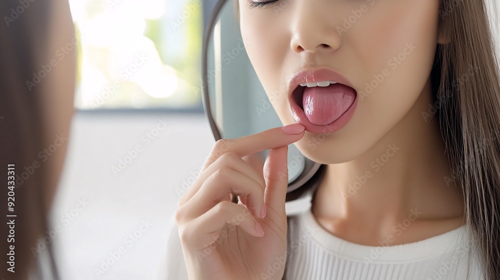 240805 165. A woman touching painful tongue in home bathroom mirror. Lingual muscle inflamed due to glossitis and frequent spicy food consumption longtime. Health and medical concept isolated on 240805 165. A woman touching painful tongue in home bathroom mirror. Lingual muscle inflamed due to glossitis and frequent spicy food consumption longtime. Health and medical concept isolated on