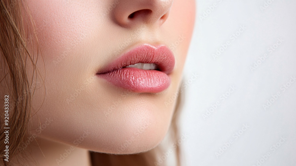 Obraz premium 240805 168. A woman with swollen lips in recording studio. Labial tissue affected due to cheilitis and frequent wind instrument playing longtime. Health and medical concept isolated on white