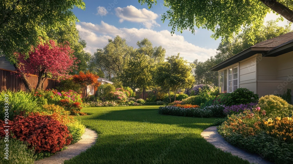 A house with a beautiful front yard landscape settings A house with a beautiful front yard landscape settings