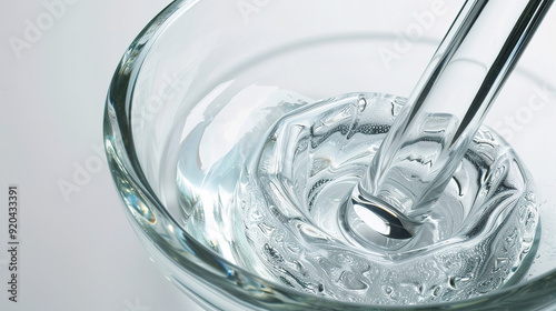 Glass mortar and pestle resting on a wooden surface, high-quality professional photo, taken from an angled view to highlight texture and clarity of the glass. 

 photo