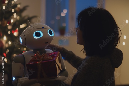 Un robot recibe un regalo navideño mientras una mujer le coloca una mano en el hombro, expresando agradecimiento y conexión emocional.
 photo