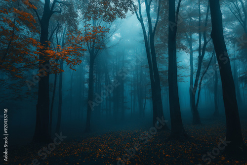 Gloomy and dark forest with fog, road during a foggy morning atmosphere.