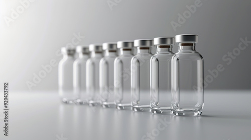 High-quality photo of glass medical vials arranged on a reflective surface, showcasing various shapes and sizes in a professional angle view composition. 

 photo