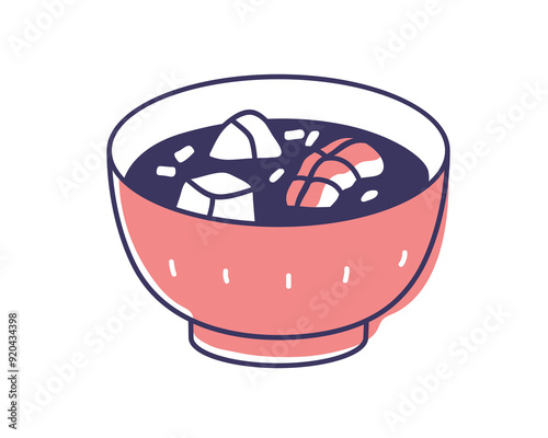 Japanese soup with soy broth, tofu and shrimp. Japan Asian dish, food in bowl...
