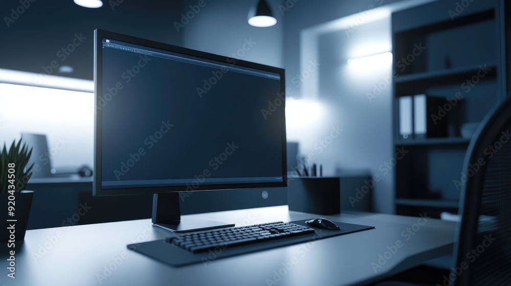 Modern computer monitor on a desk with a keyboard and mouse. Modern computer monitor on a desk with a keyboard and mouse.