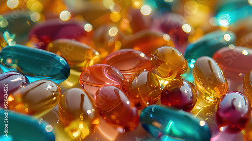 High-quality golden orange blue gelatin capsules displayed in an angled view, showcasing their texture and transparency, professional pharmaceutical product photography.

 photo