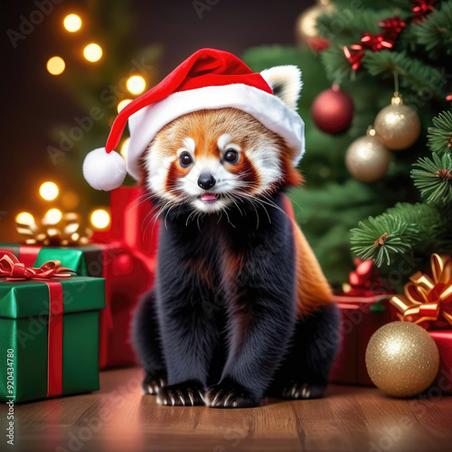 Red panda in a Christmas hat sitting with gifts at the Christmas tree