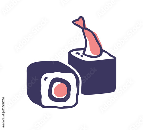 Shrimp roll, Japan sushi with prawn, nori and rice. Maki, Japanese Asian cuisine, seafood. Traditional sea food eating. Flat graphic vector illustration isolated on white background