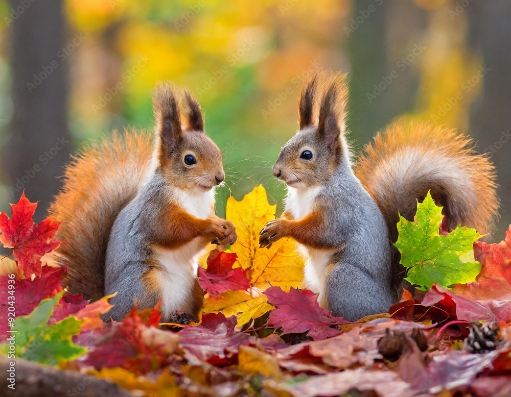 Zwei Eichhörnchen sitzen zwischen bunten Ahornblättern im Herbstwald Zwei Eichhörnchen sitzen zwischen bunten Ahornblättern im Herbstwald
