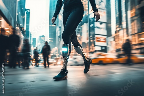 Mujer con piernas protésicas avanzadas caminando con confianza por una calle urbana, simbolizando adaptación, resiliencia e inclusión en la sociedad actual.