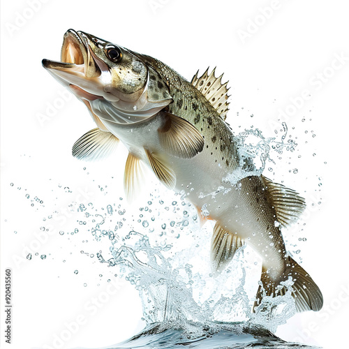 Cod jumping out of the water, captured in motion, isolated on white background, showcasing the dynamic movement of the fish.

 photo