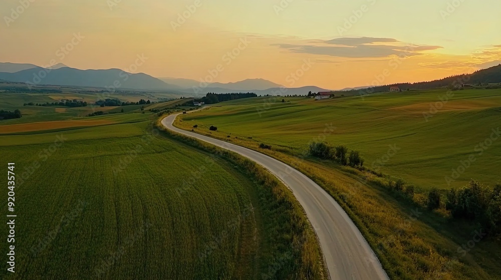An aerial view of a winding road through rolling green hills at sunset. The sky is a soft orange and yellow, and the mountains in the distance are hazy.