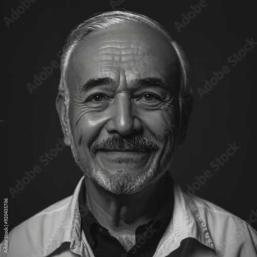 Generative AI, A warm and expressive portrait of an elderly man, capturing his wisdom and contentment through a monochromatic composition that highlights the depth of his character