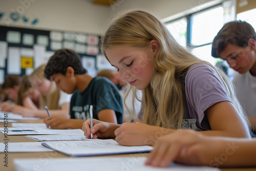 A group of high school students taking a classroom exam. 