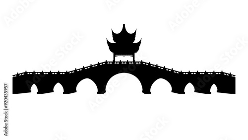China. Silhouette of classic, traditional, historical Сhinese bridge on the transparent background. Travel illustration
