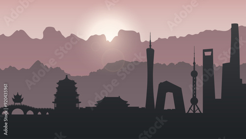 China. Landscape with mountains, silhouettes of Chinese modern and historical buildings, top attractions and sights. Forbidden City, Summer Palace, Oriental Pearl Tower. Vector background. Banner